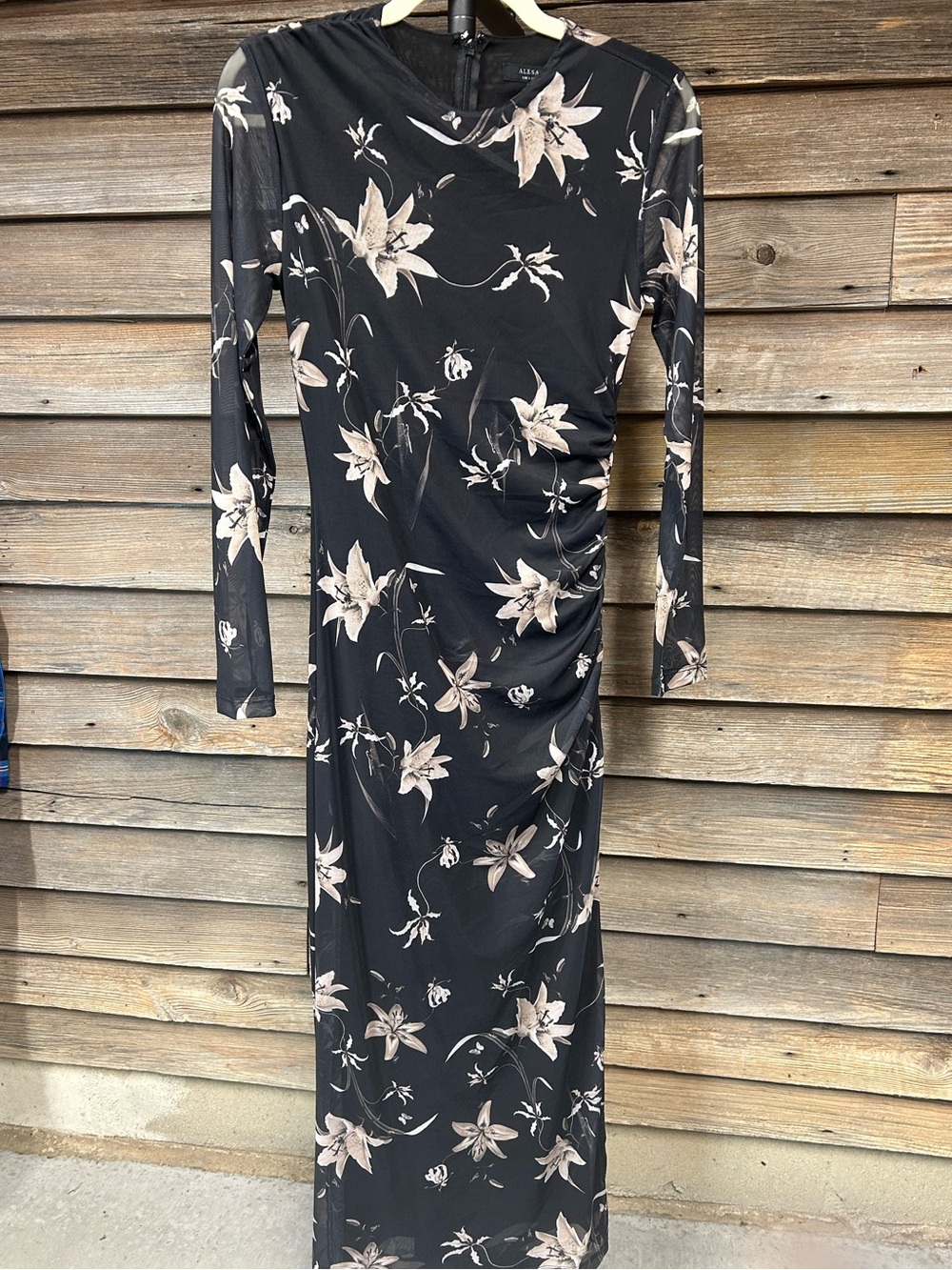 Elegant Allsaints, Black Floral Long Sleeve Maxi Dress